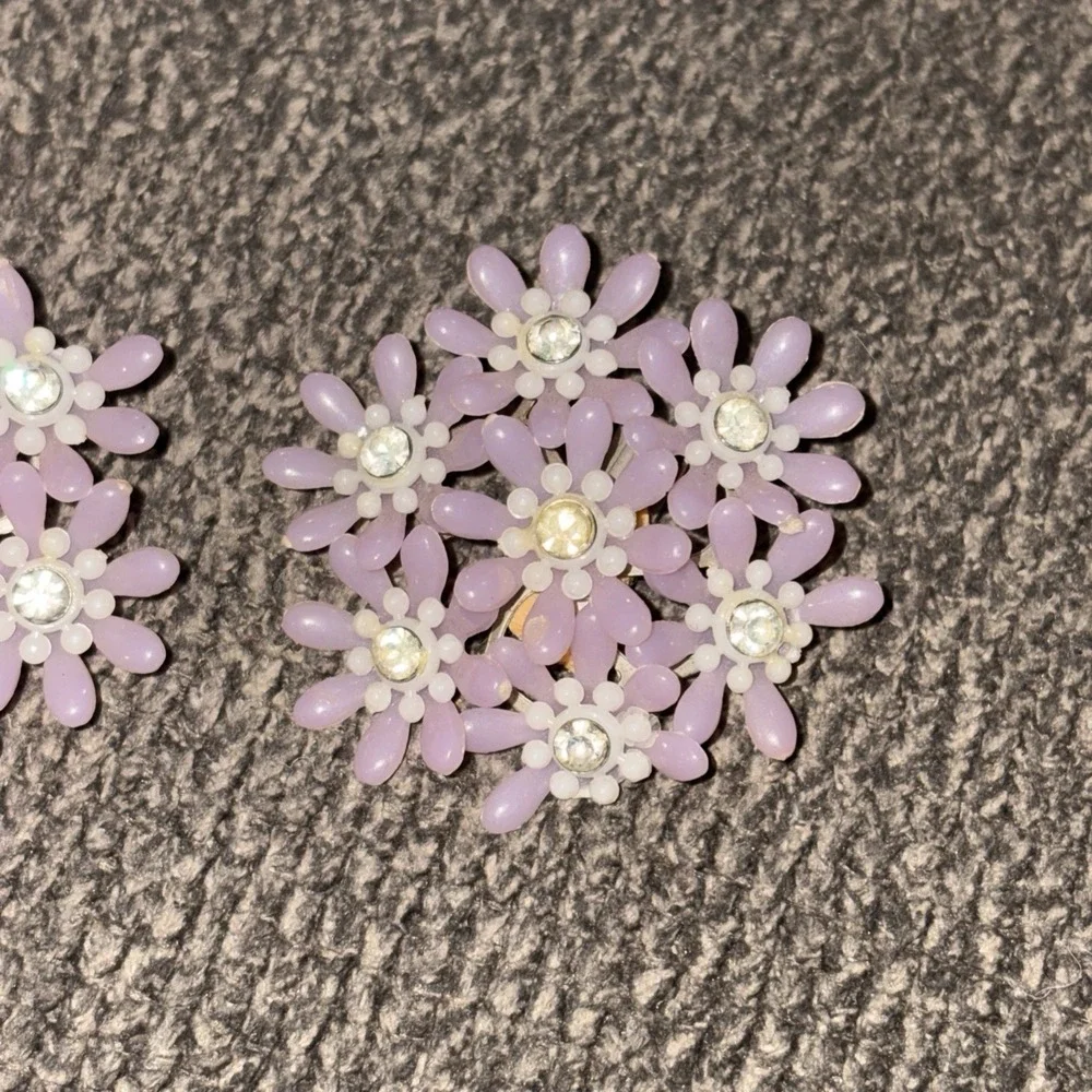 Purple Flower Cluster Clip On Earrings Rhinestone Floral Mid Century Vintage